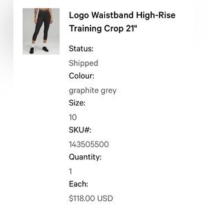 lululemon Logo Waistband, high rise training crop, size 10, 21”